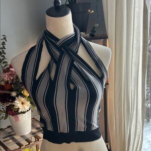 Vamp Official Black and White Cross Neck Top